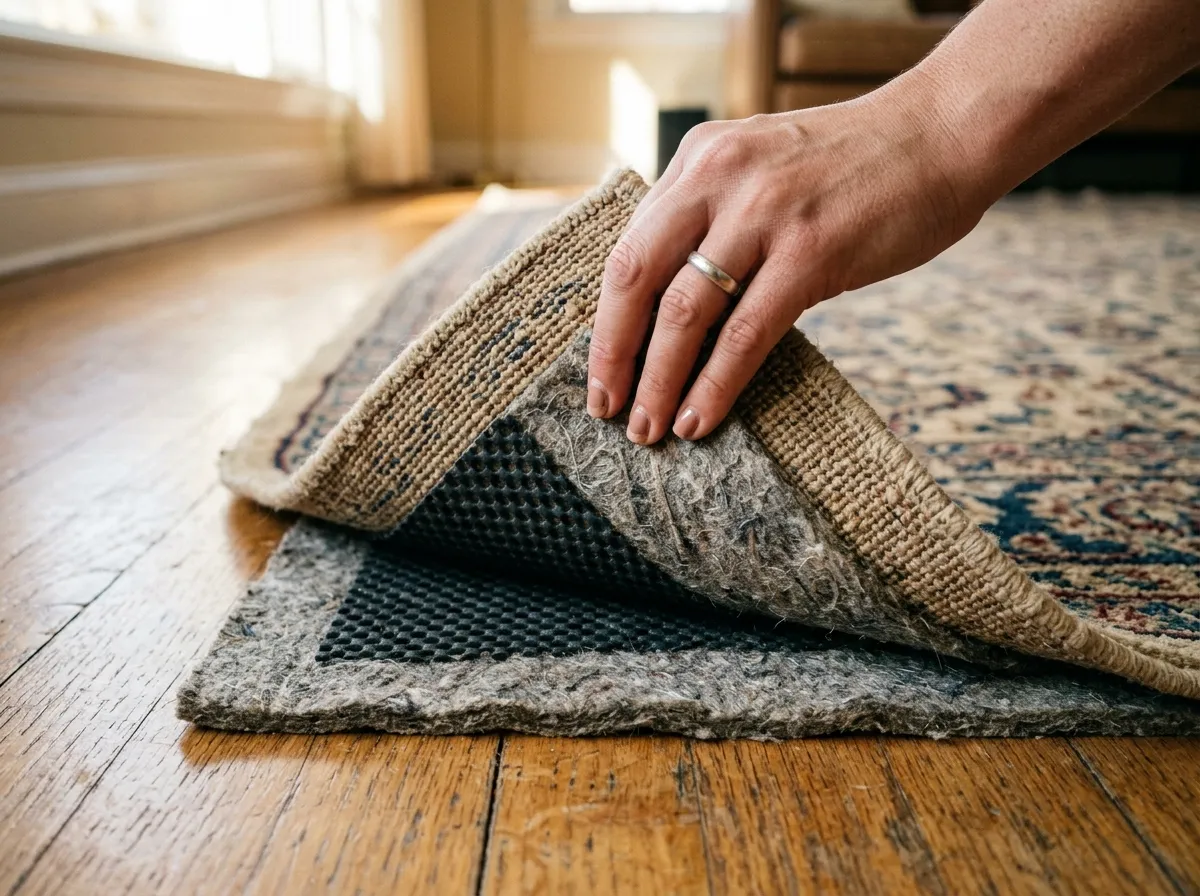 Hand peeling back corner of wool rug to reveal natural felt and rubber pad on hardwood floor