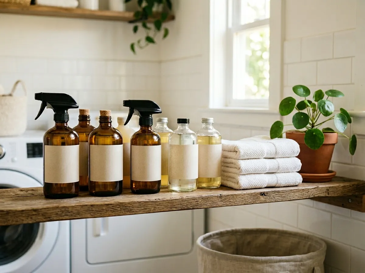 Organized collection of non-toxic cleaning supplies in a bright kitchen