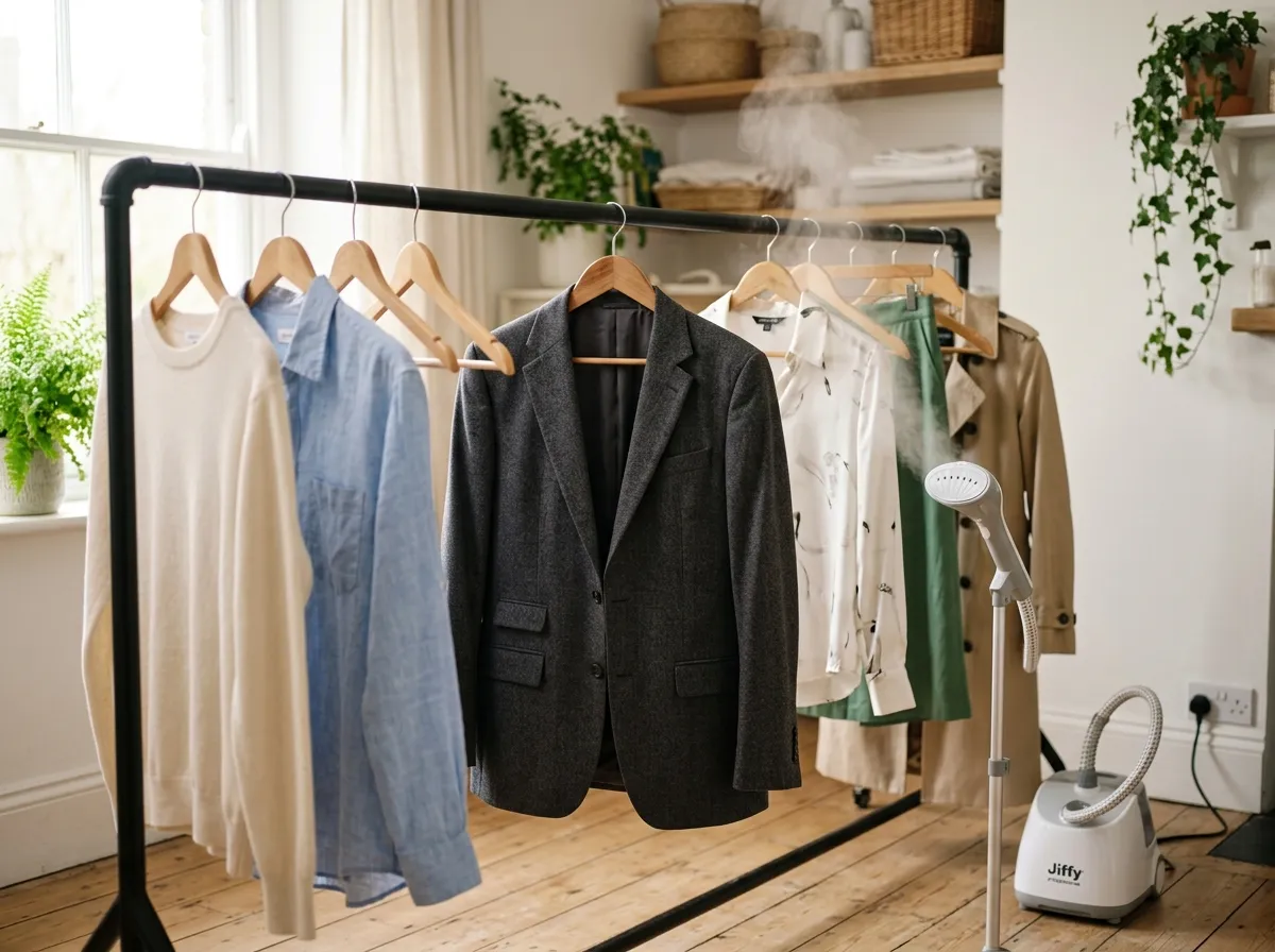 Garments on hangers with non-toxic cleaning alternatives