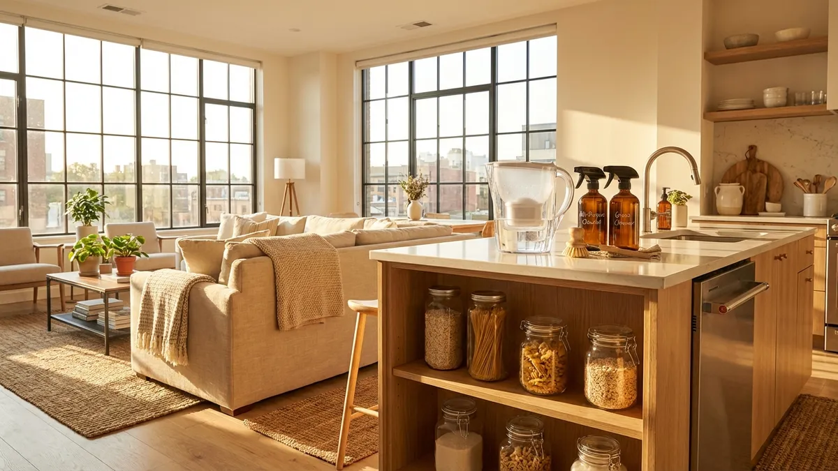 Clean kitchen and bathroom with non-toxic products organized on shelves