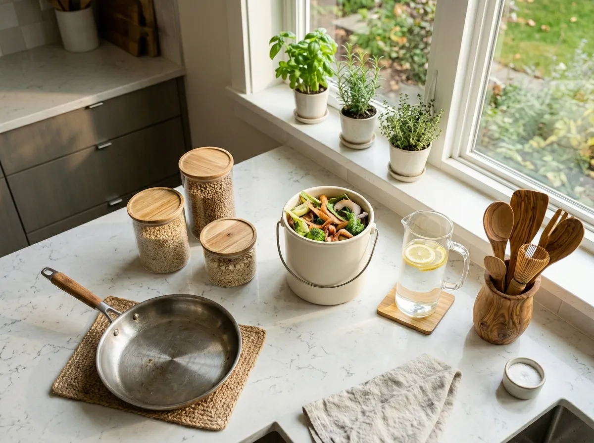 Clean modern kitchen with non-toxic cookware, glass storage, and water filter