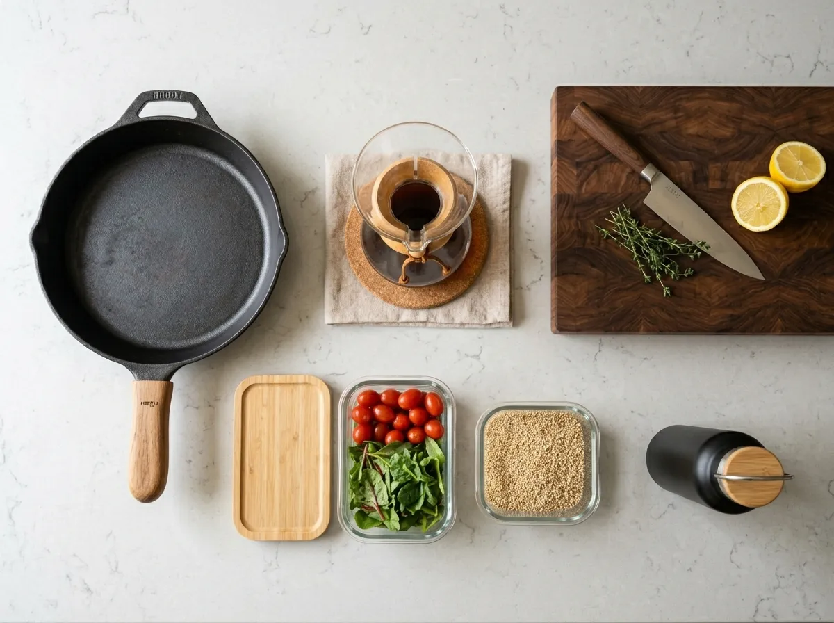 Organized non-toxic kitchen essentials on a clean countertop