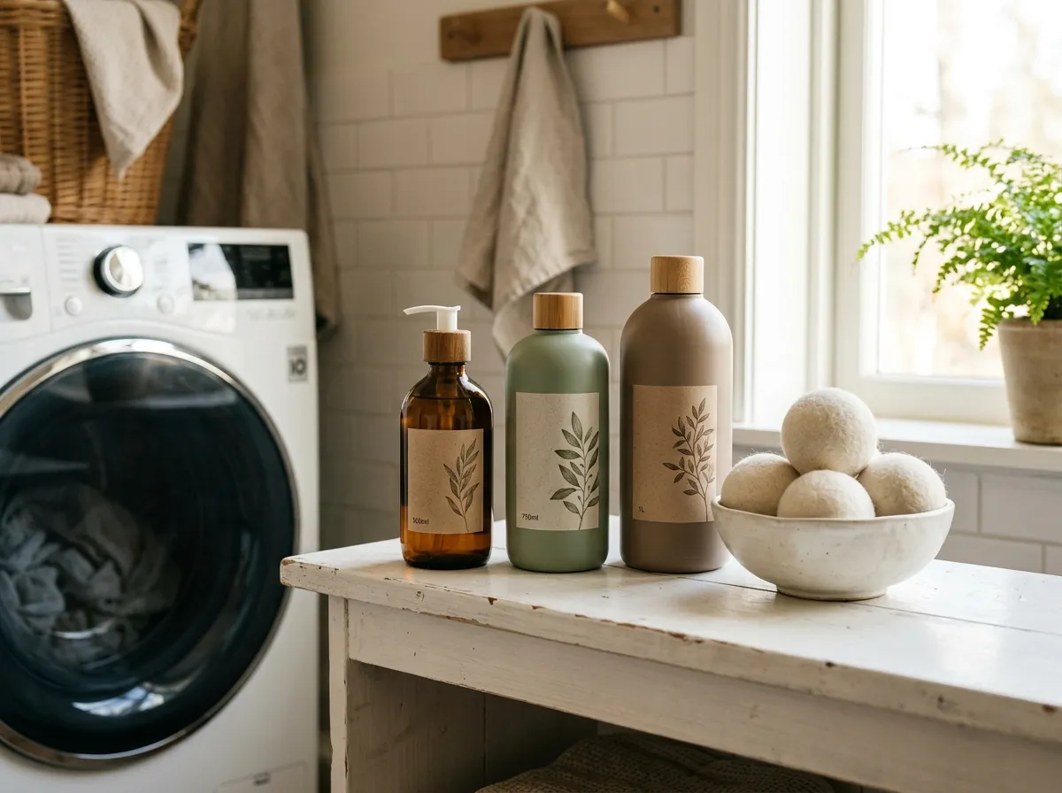Natural laundry detergent bottles on a shelf