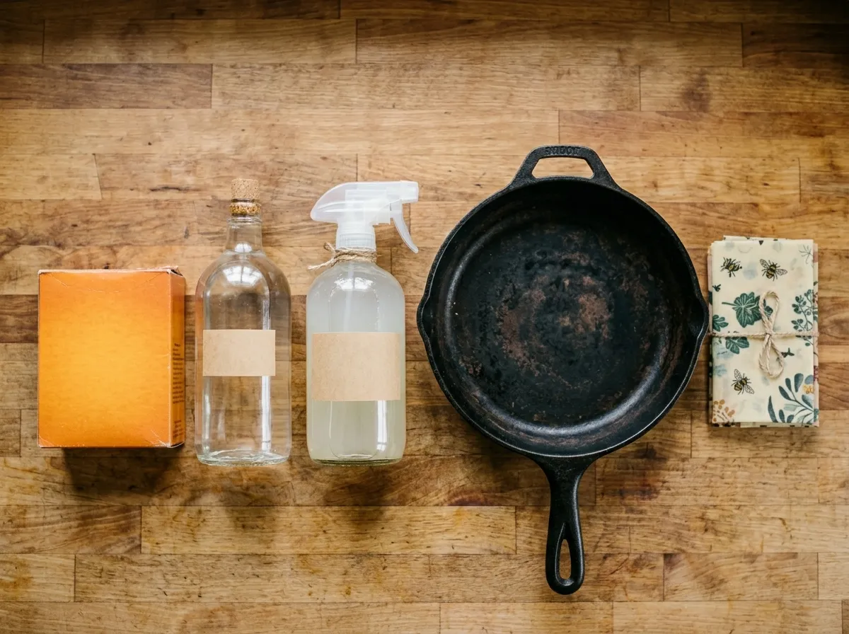 Simple affordable non-toxic cleaning supplies on a kitchen counter including vinegar baking soda and cloth