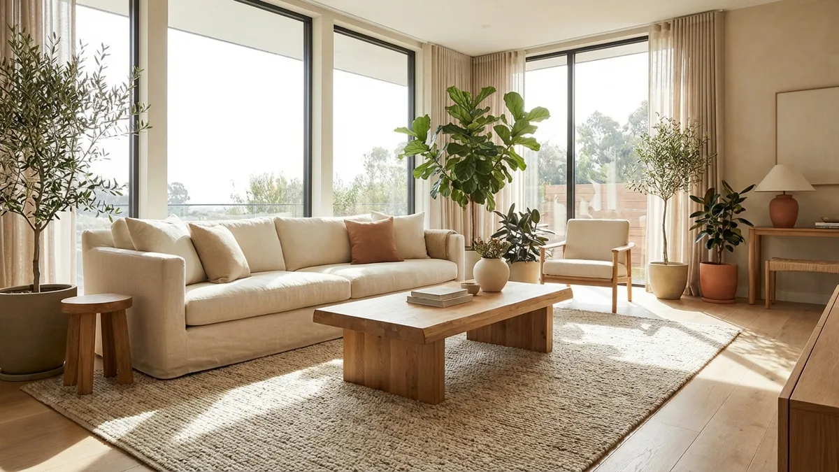 Bright living room with natural materials and organic furniture