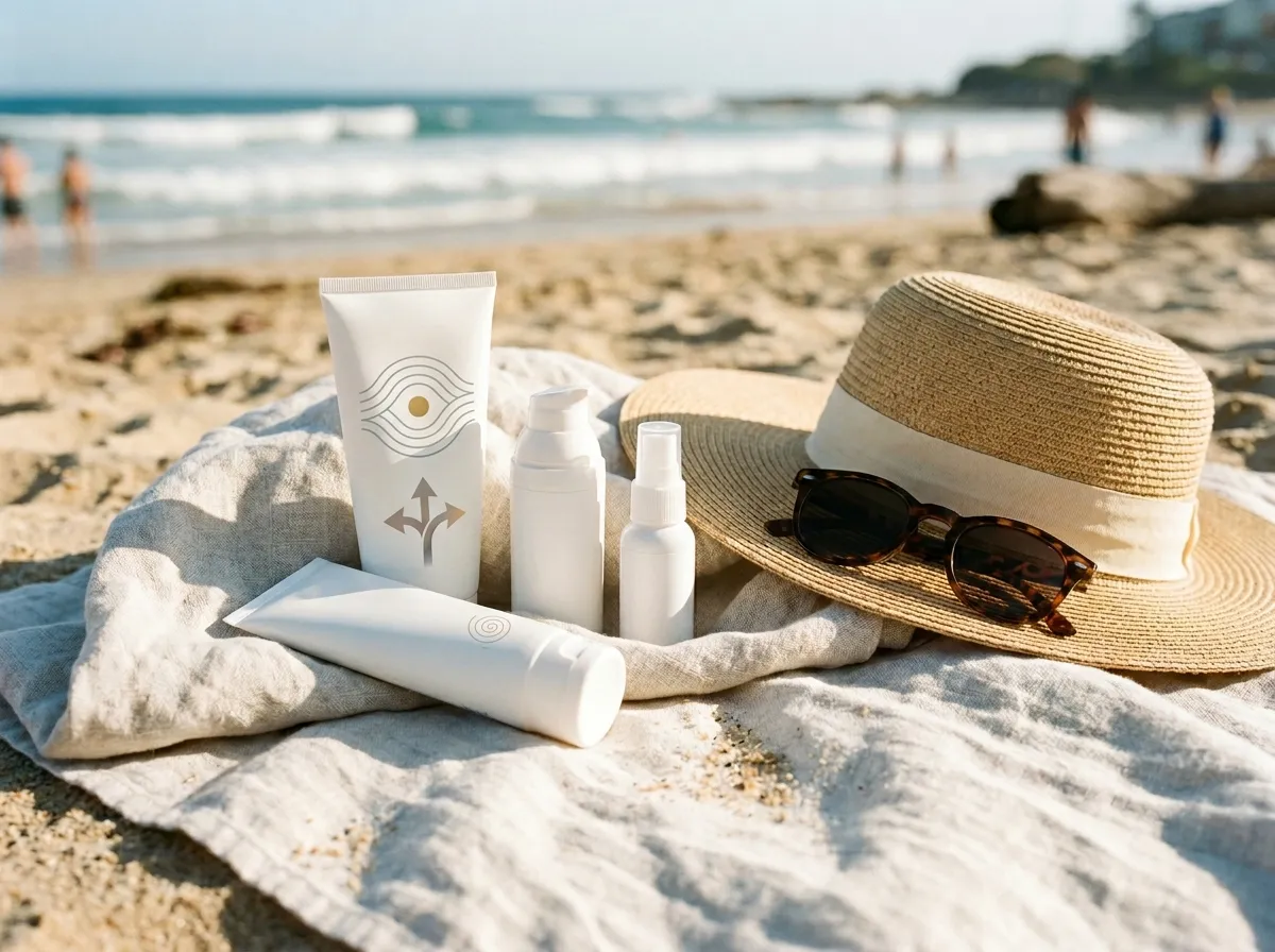 Mineral sunscreen bottles and tubes on a beach towel