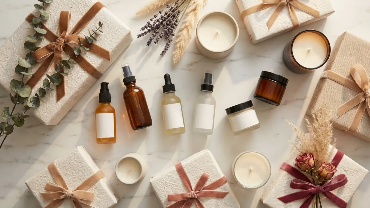 Wrapped gift boxes with organic skincare products and candles on a white table