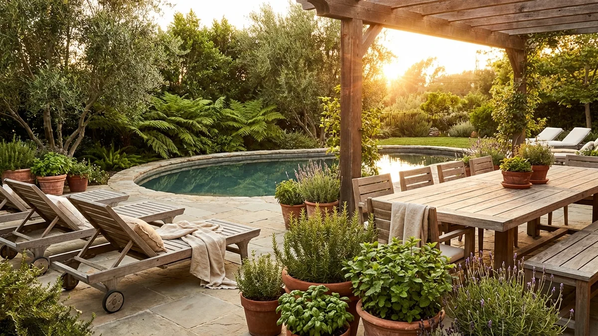 Lush backyard garden with natural patio furniture and organic garden beds