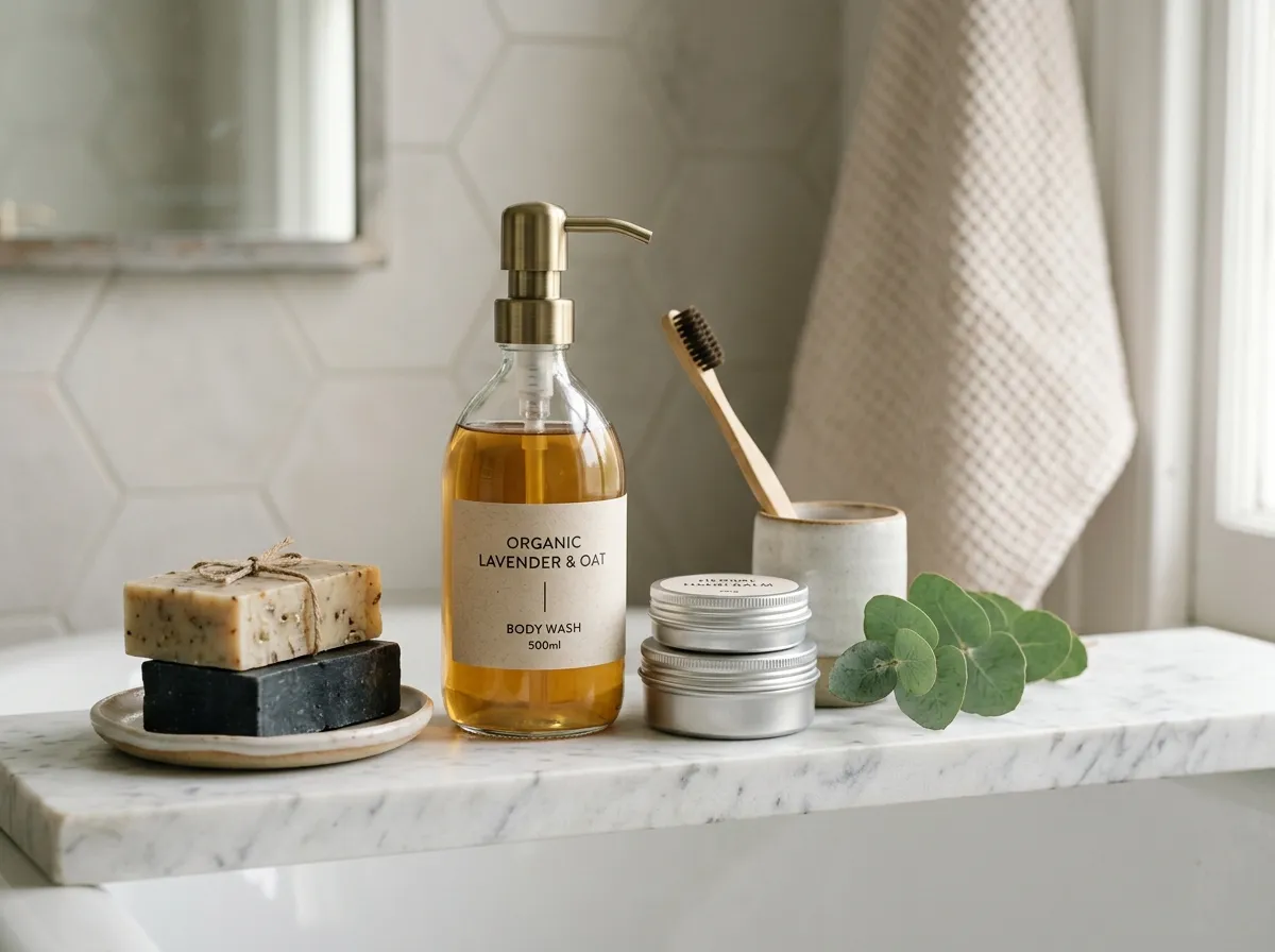 Collection of non-toxic personal care products in a clean bathroom setting