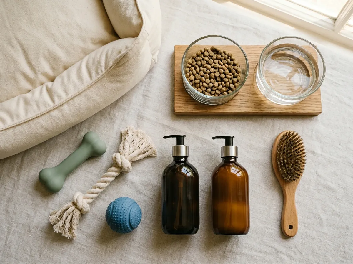 Happy dog surrounded by non-toxic pet care products