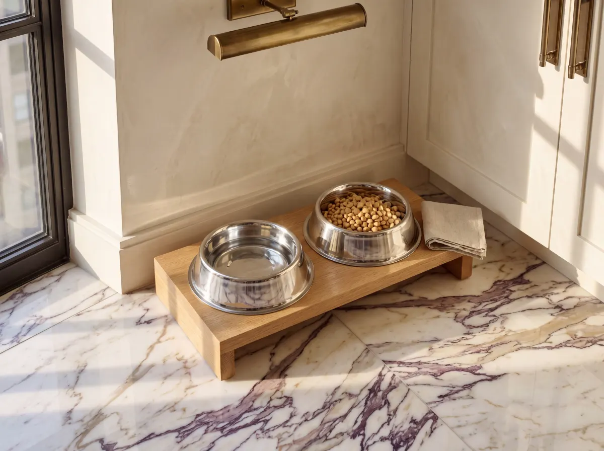 Non-toxic pet food bowls tested for lead and PFAS with stainless steel bowls in a kitchen feeding area