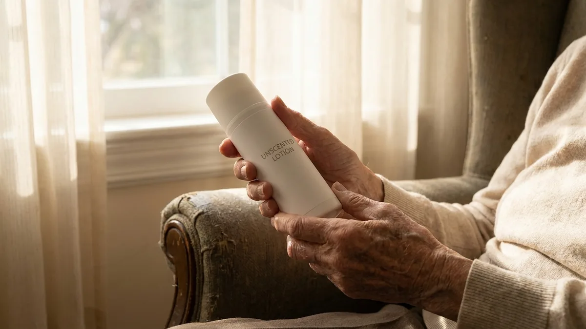 Simple fragrance-free personal care products on a clean bathroom counter with good lighting