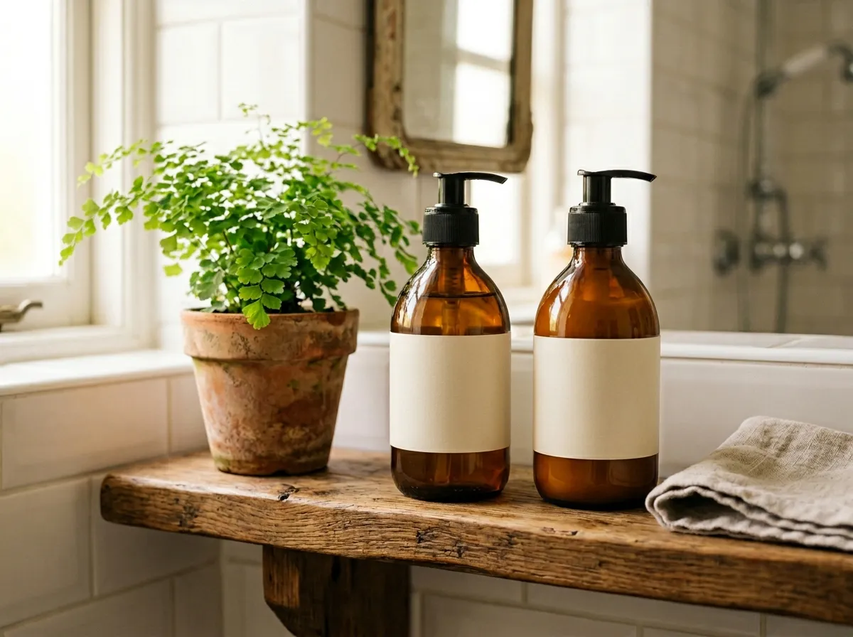 Natural shampoo bottles on a bathroom shelf