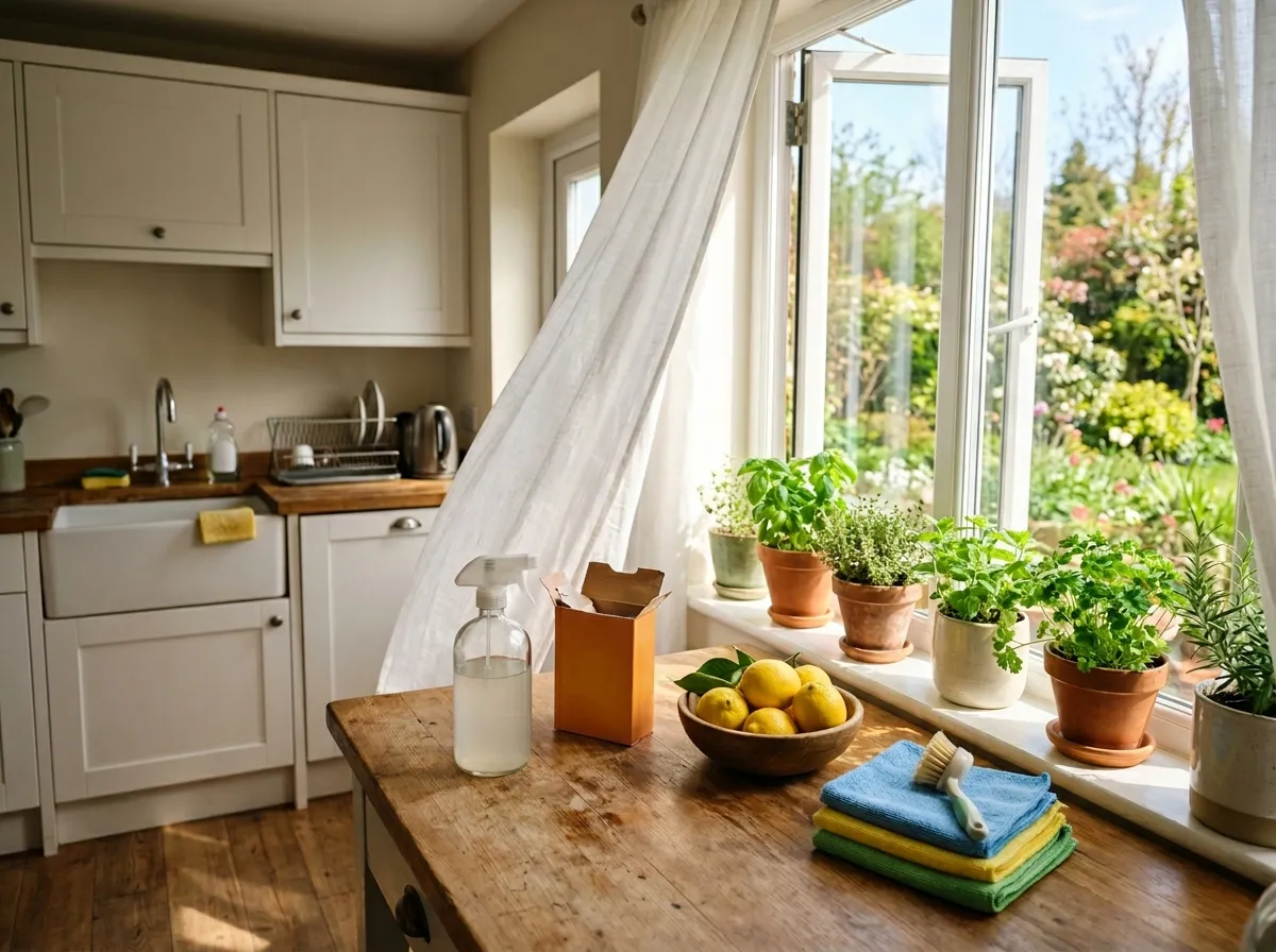 Bright kitchen with natural cleaning products and open windows during spring cleaning