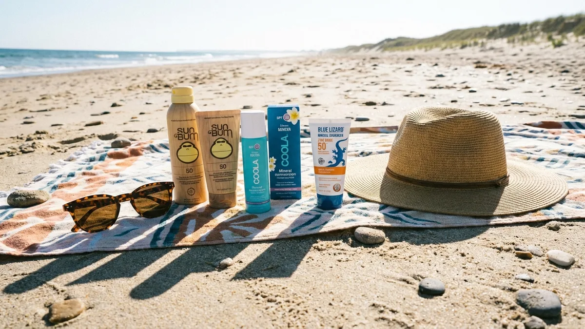 Mineral sunscreen tube and natural bug spray bottle next to sunglasses on a beach towel