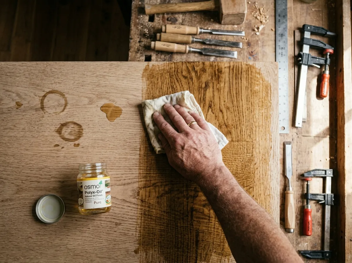 Hand applying natural oil finish to raw oak tabletop with cotton cloth in warm workshop light