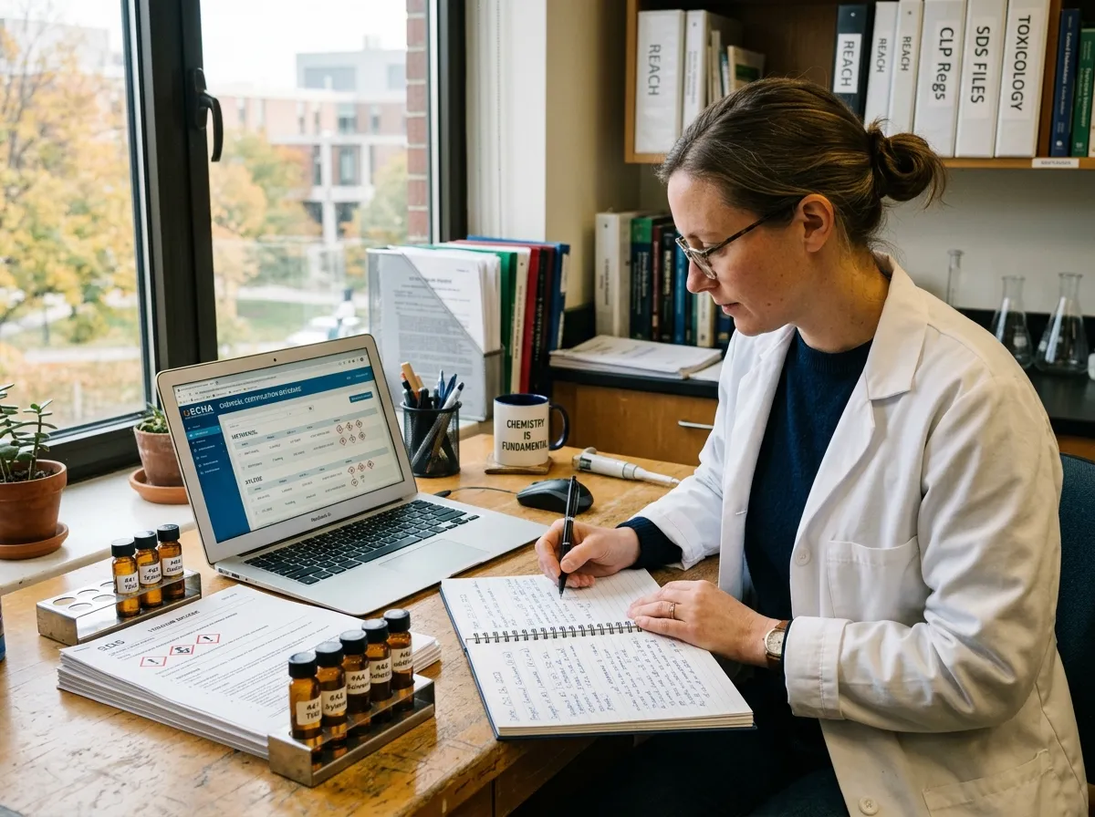 Research workspace with product labels, certification documents, and safety data sheets spread across a desk