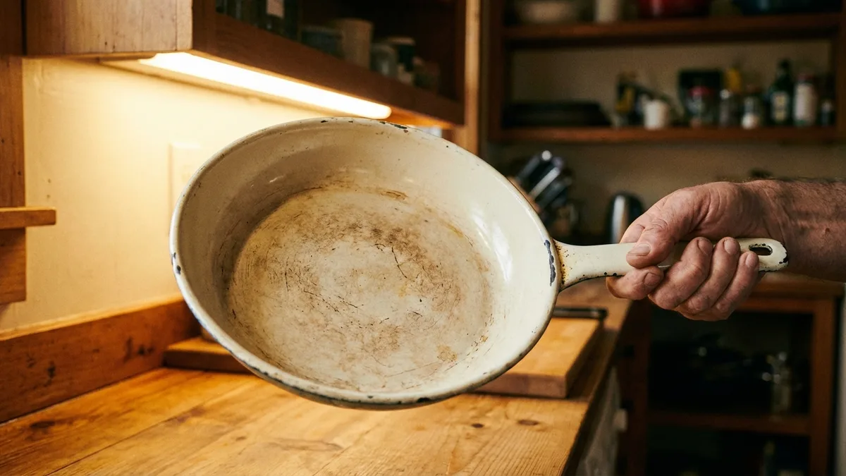 Well-used Our Place Always Pan 2.0 on a gas stove with visible cooking wear on the interior surface