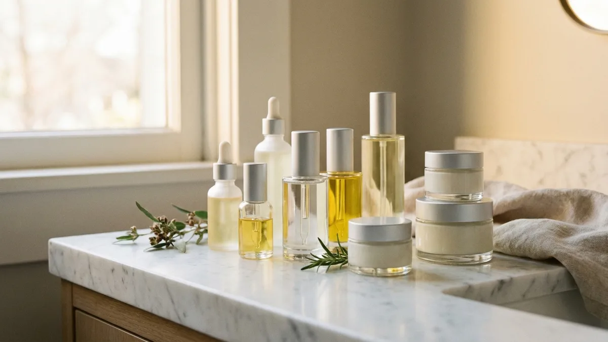 Primally Pure skincare products including deodorant and face cream on a bathroom shelf with a small plant