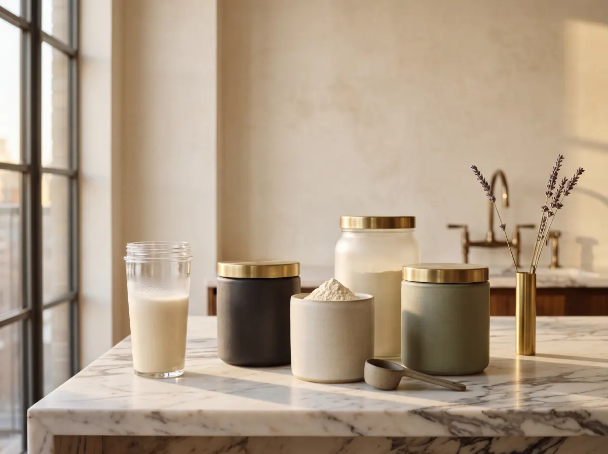 Protein powder brands tested clean for lead content with powder containers on a kitchen counter