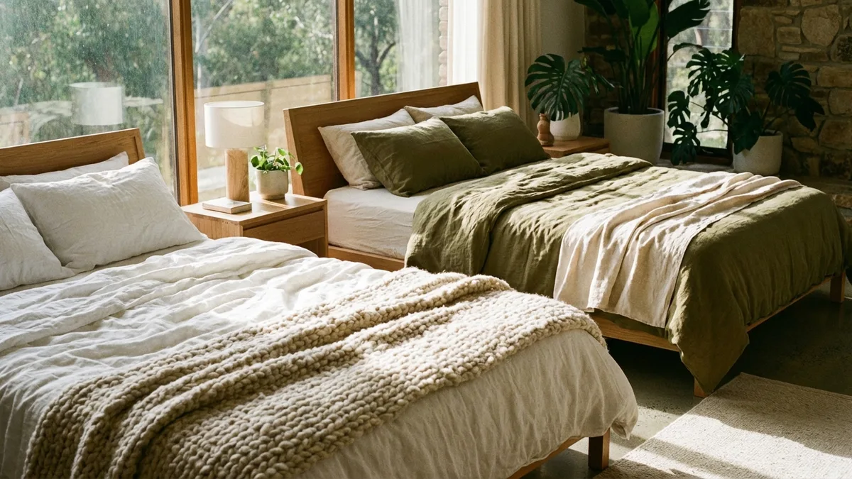 Two organic mattresses shown in cross-section displaying latex, coil, and cotton layers