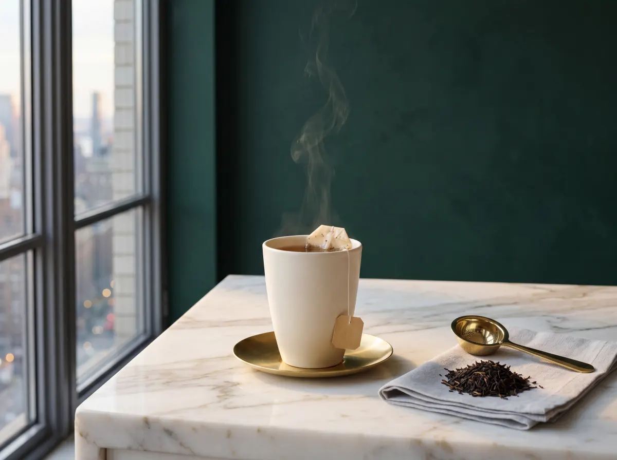 Tea bag microplastic release research with steeping tea bag in a ceramic teacup