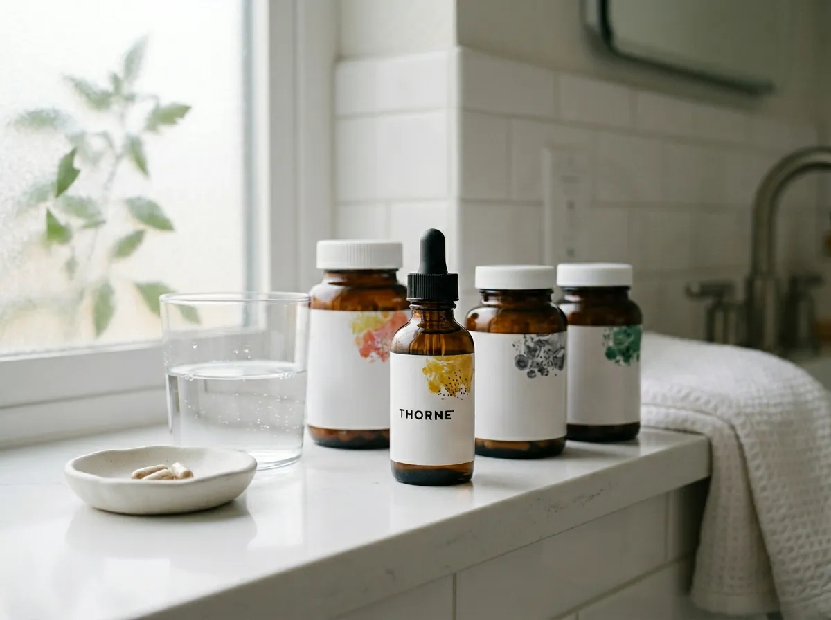 Thorne supplement bottles arranged on a clean white countertop