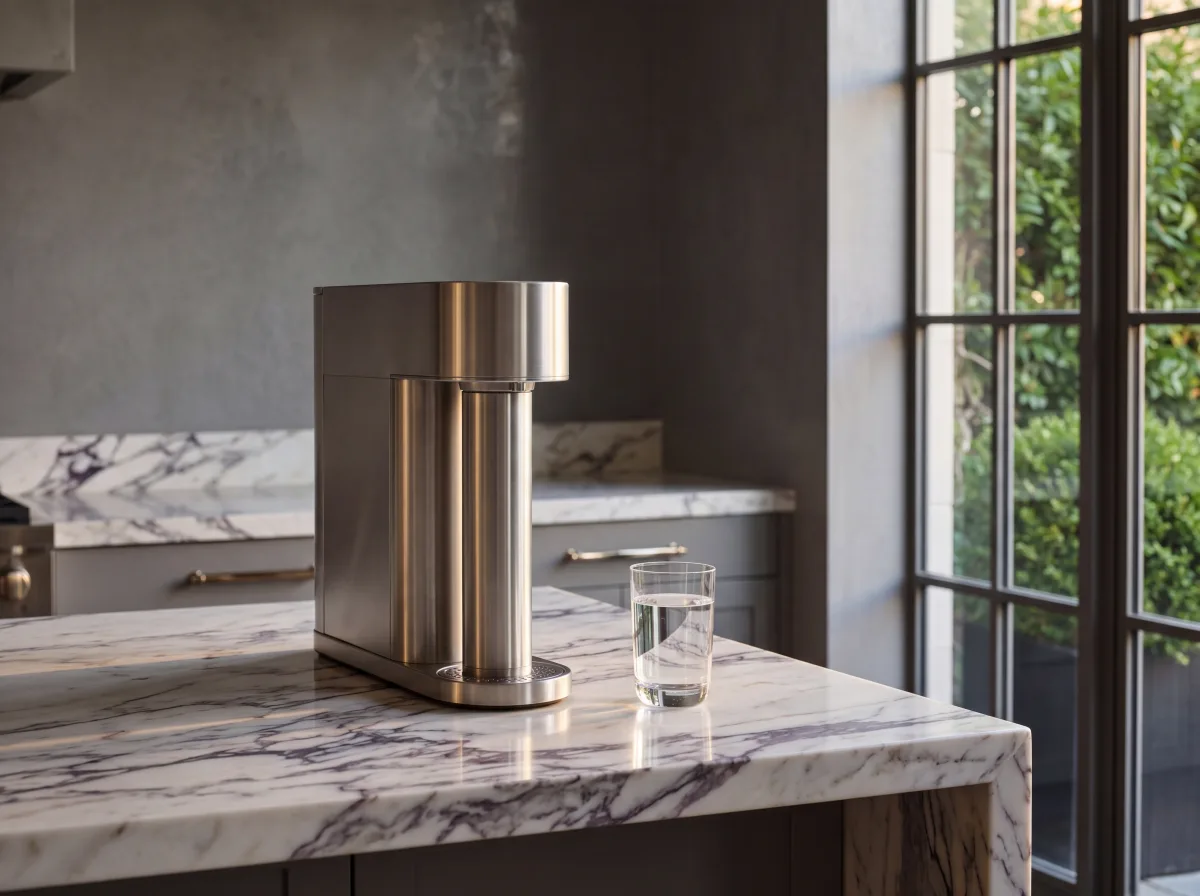PFAS-free water filter on a kitchen counter near a window with morning light