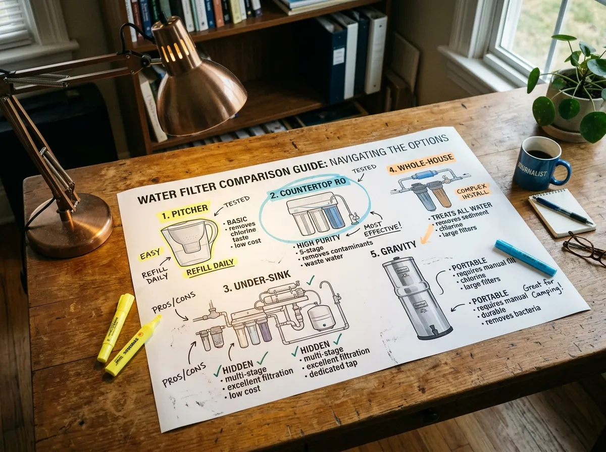 Side-by-side comparison of different water filter types including pitcher, countertop, and under-sink