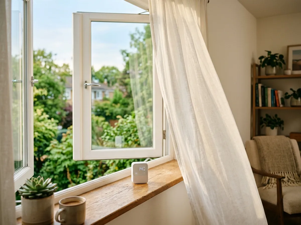 New furniture in a living room with visible off-gassing illustration