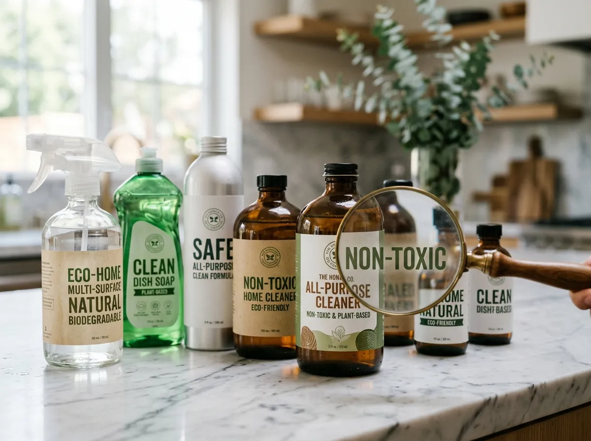 Various household product labels displaying non-toxic and natural claims on a kitchen counter