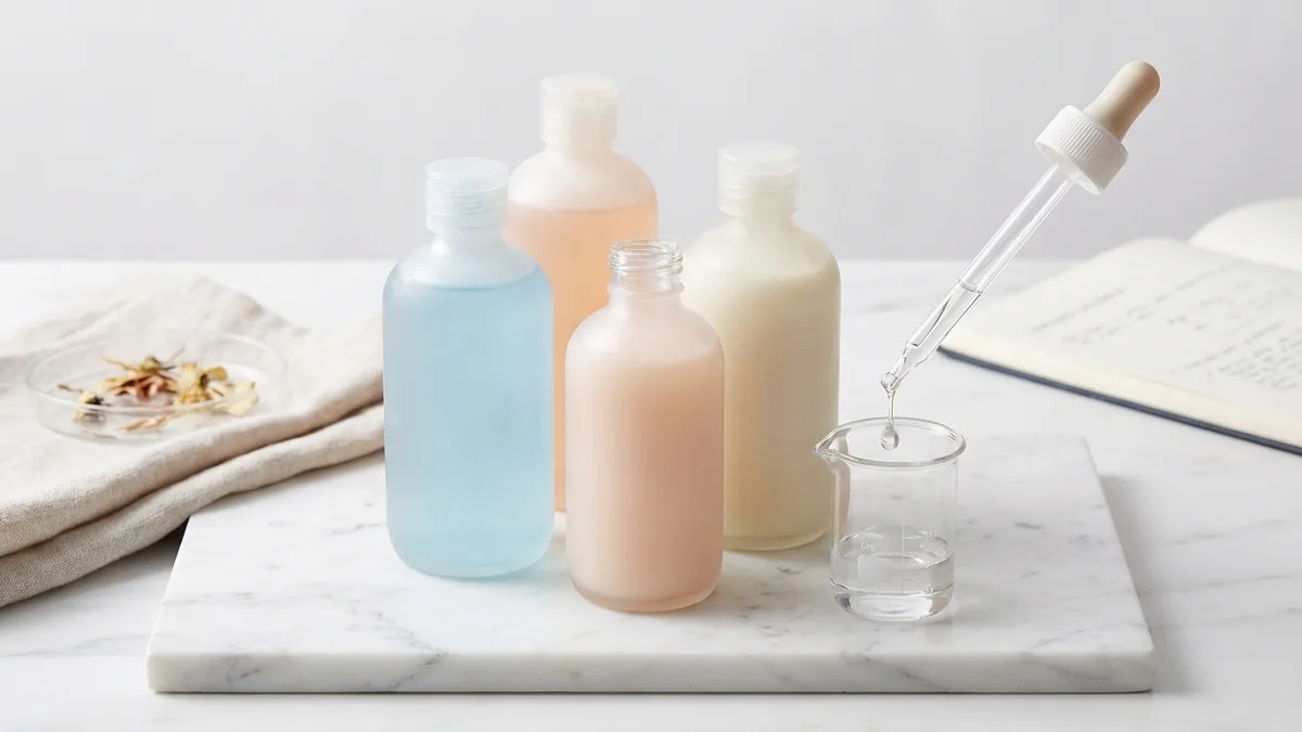 Close-up of shampoo bottles and baby wash on a bathroom shelf