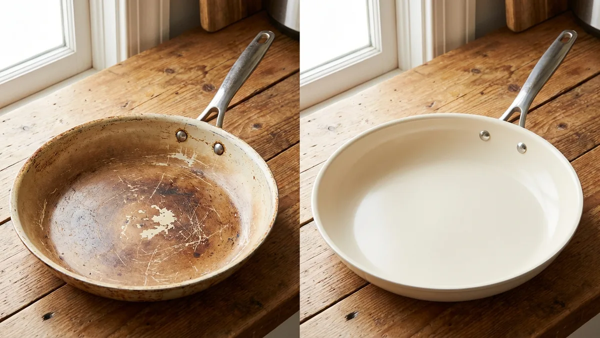Close-up of a worn ceramic pan showing visible coating degradation next to a new pan