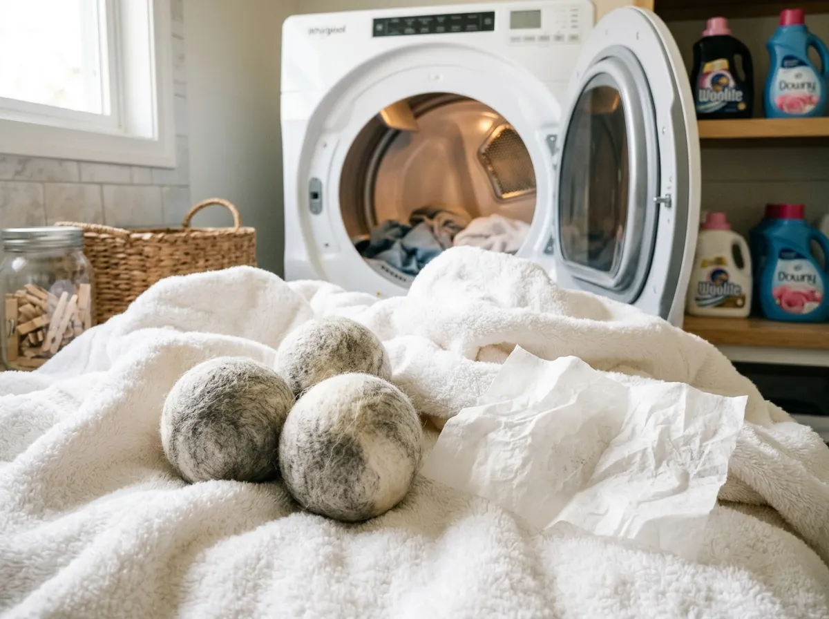 Wool dryer balls next to a box of conventional dryer sheets